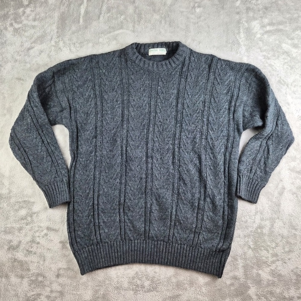 Country Trader Sweater Navy Blue Cable Knit Wool Blend‎ Fisherman Great Britain